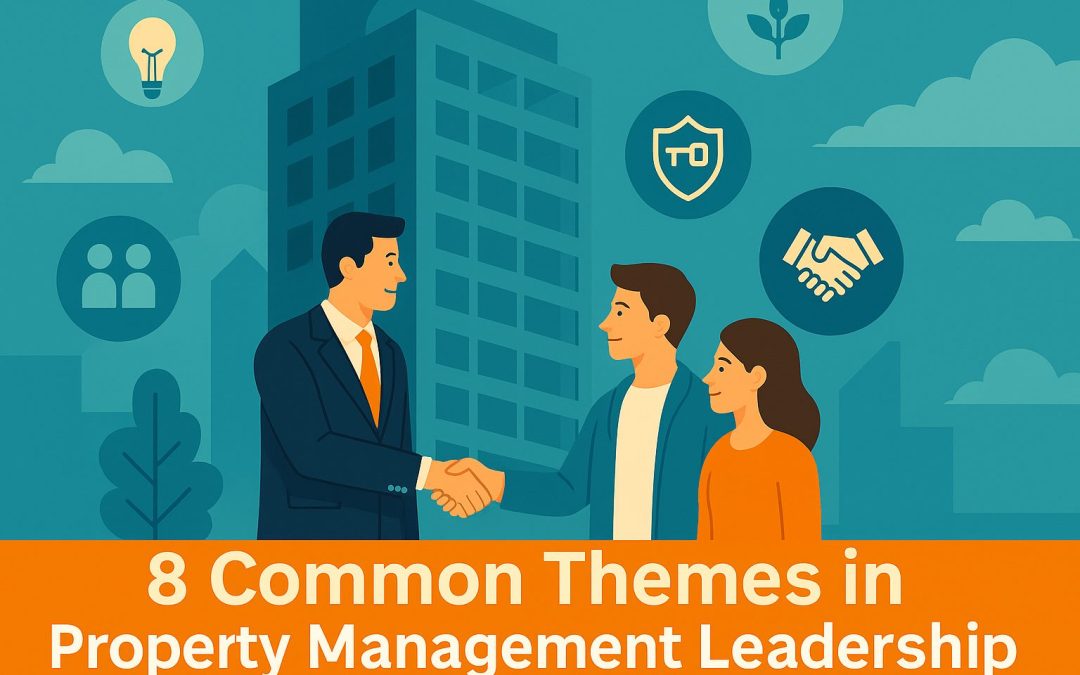 Isometric digital illustration of property management leadership themes: a property manager shaking hands with people in front of a skyscraper, surrounded by icons for mentorship, resilience, relationships, integrity, innovation, community, sustainability, and career growth