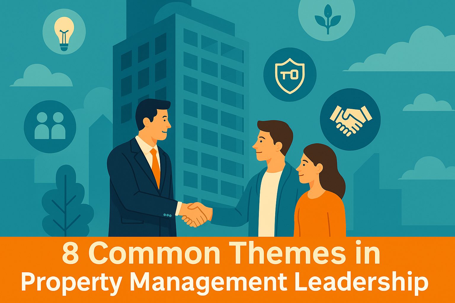 Isometric digital illustration of property management leadership themes: a property manager shaking hands with people in front of a skyscraper, surrounded by icons for mentorship, resilience, relationships, integrity, innovation, community, sustainability, and career growth