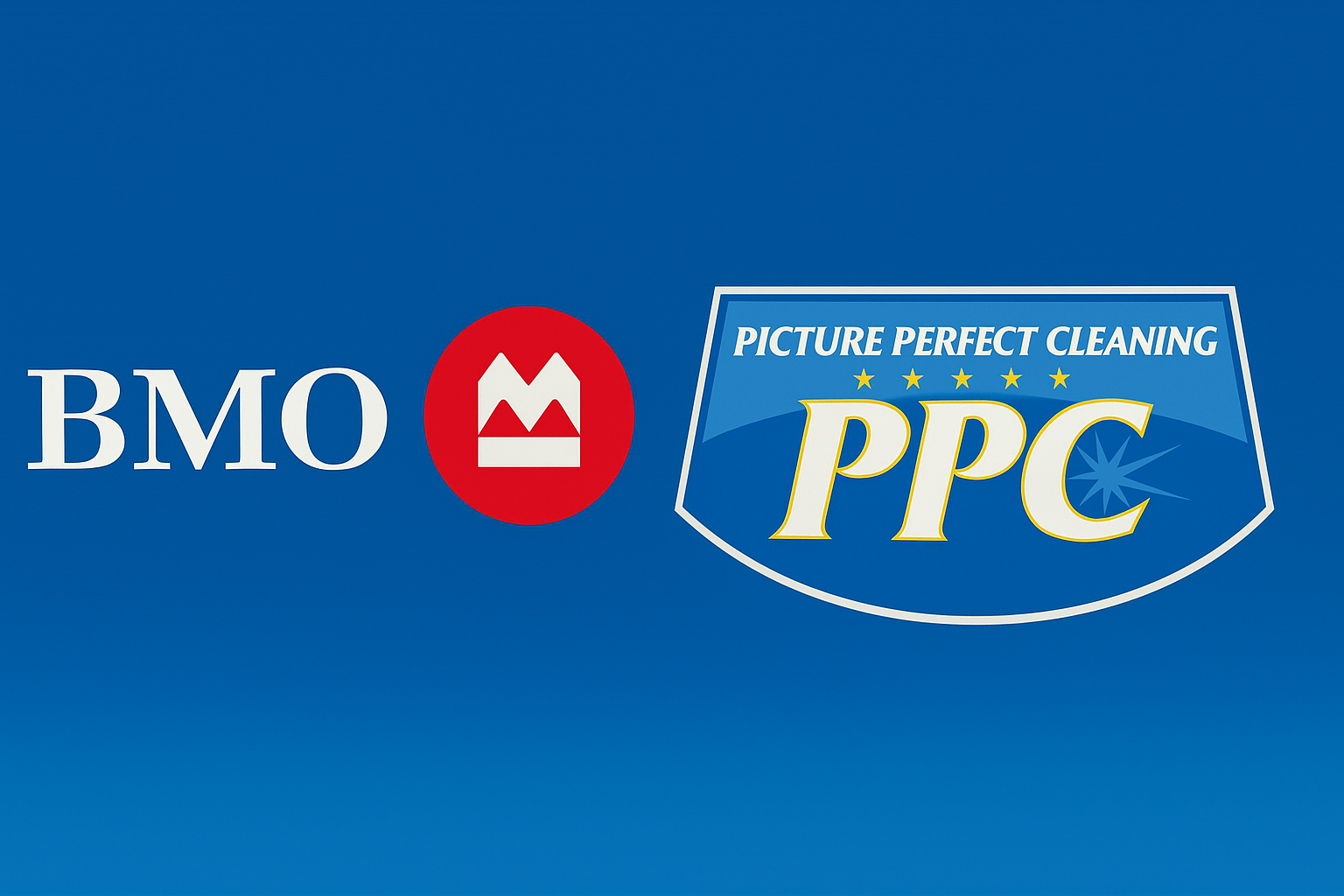 BMO logo and Picture Perfect Cleaning logo together on a clean blue background symbolizing a three-generation banking relationship.