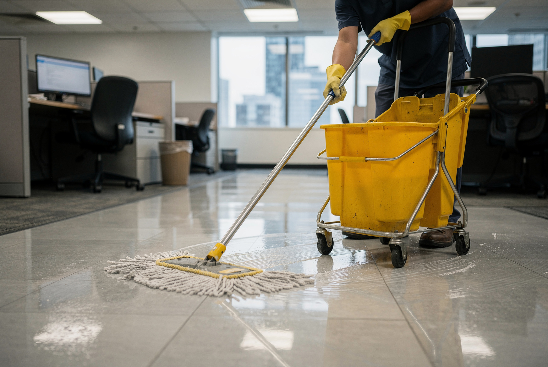 A cleaner mopping an offic space to increase ESG score